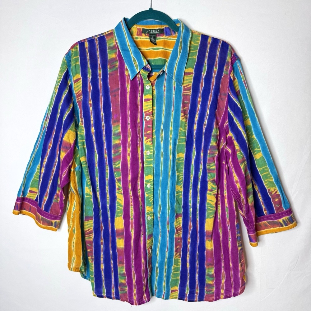 Lauren Ralph Lauren Tunic Top 3X Button Lightweight Gauze 100% Cotton Print 3XL - Picture 1 of 9